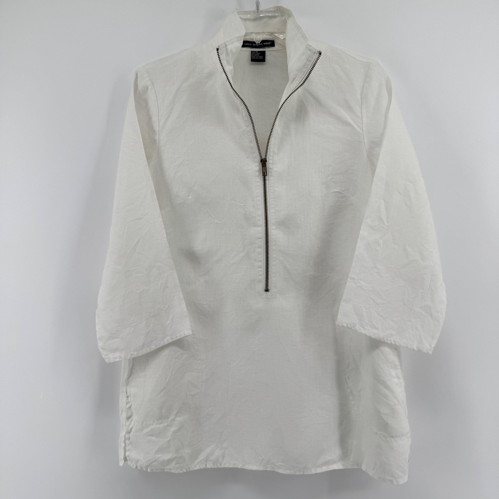 Saint Tropez West Linen Tunic Women Medium White 3/4 Sleeve Half Zip Mandarin